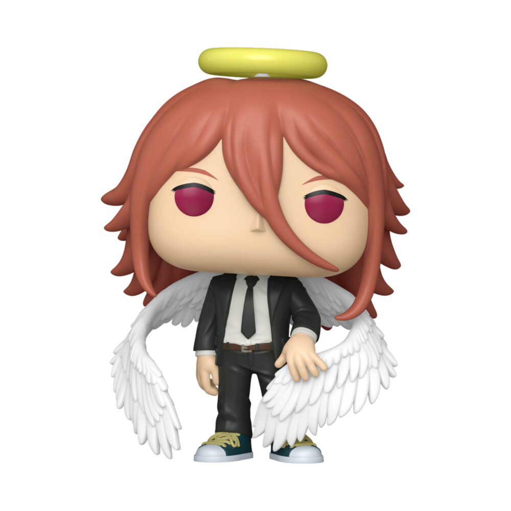 Angel Devil Chainsaw Man Reze Arc Funko Pop #2350 unboxed, with red hair, a yellow halo, white feathered wings and a black suit