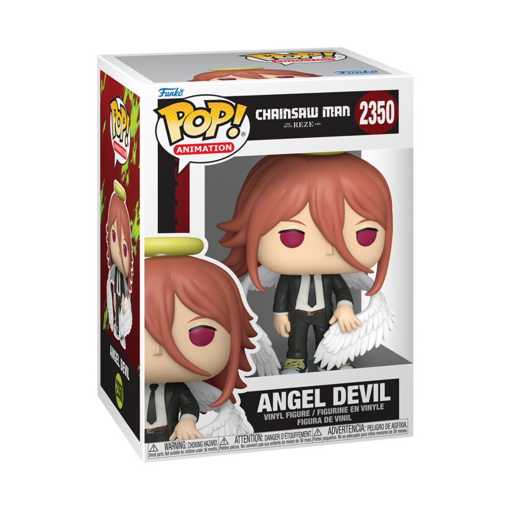 Angel Devil Chainsaw Man Reze Arc Funko Pop #2350 in its window display box, with red hair, a yellow halo, white wings and a black suit visible