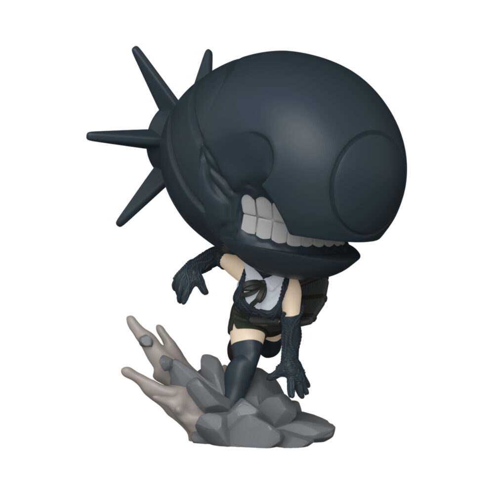 Bomb Chainsaw Man Reze Arc Funko Pop #2349 unboxed in a dark outfit, posed on a grey explosion-effect base with a large bomb-shaped head