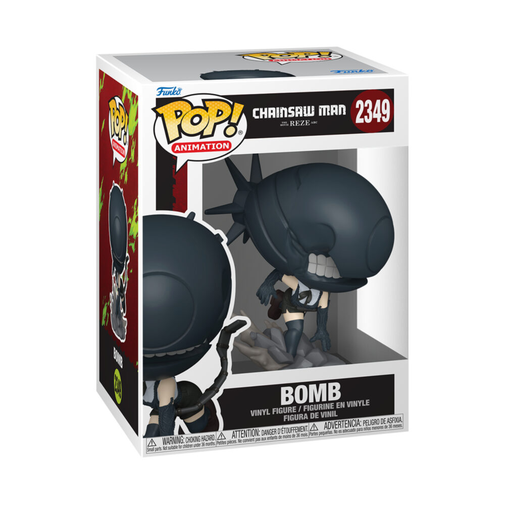Bomb Chainsaw Man Reze Arc Funko Pop #2349 in its window display box, with the dark bomb-shaped head and action base visible