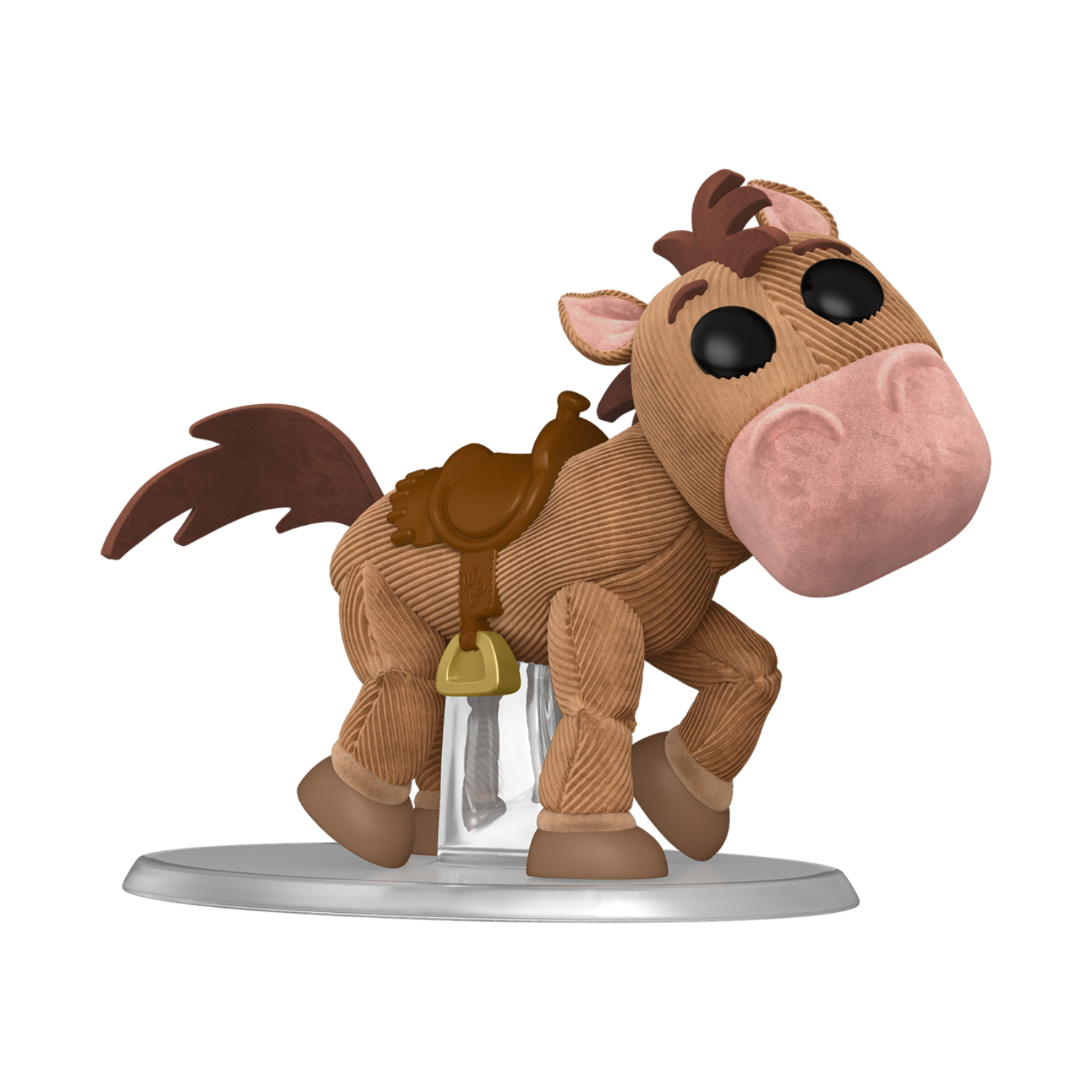 Bullseye Toy Story 5 Funko Pop Premium #1713 unboxed on a clear stand with flocked brown finish, pink muzzle and saddle