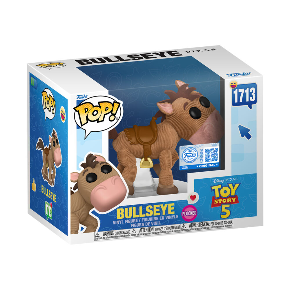 Bullseye Toy Story 5 Funko Pop Premium #1713 flocked figure in its window display box with brown saddle and pink muzzle visible