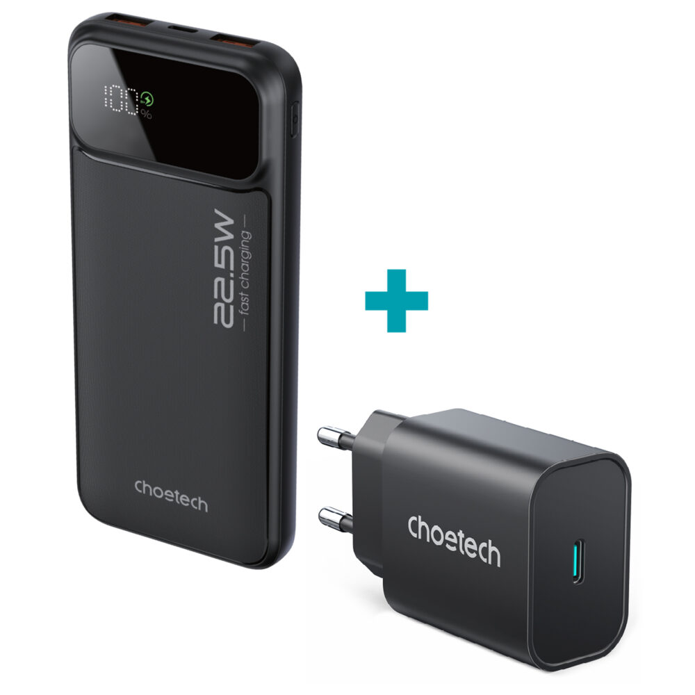 Choetech bundle graphic showing a black B728 10000mAh 22.5W power bank and 25W USB-C wall charger with a plus symbol