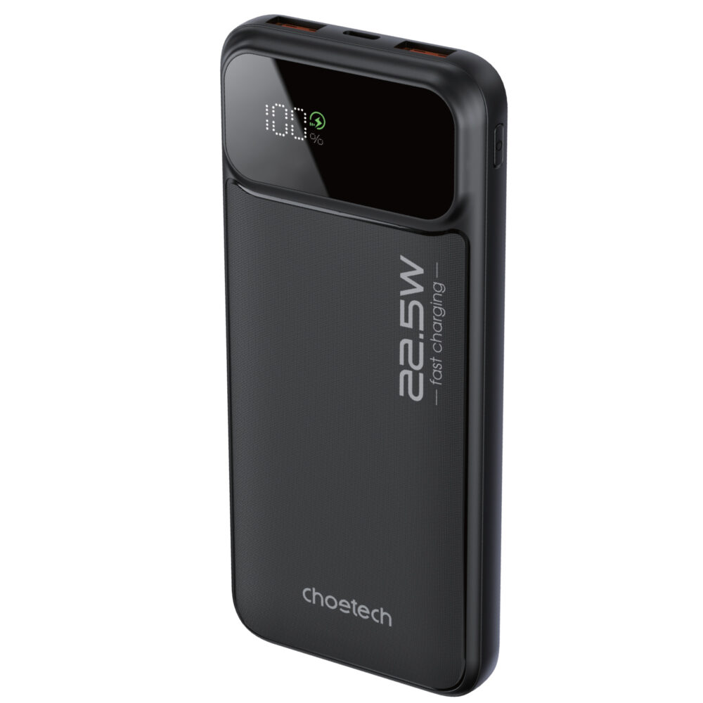 Black Choetech B728 10000mAh 22.5W power bank shown from the front at an angle with its LED battery display and top charging ports visible