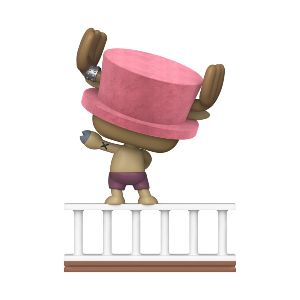 Chopper Going Merry One Piece Flocked Funko Pop #2332 shown from the rear with a pink hat and raised arms on the ship railing