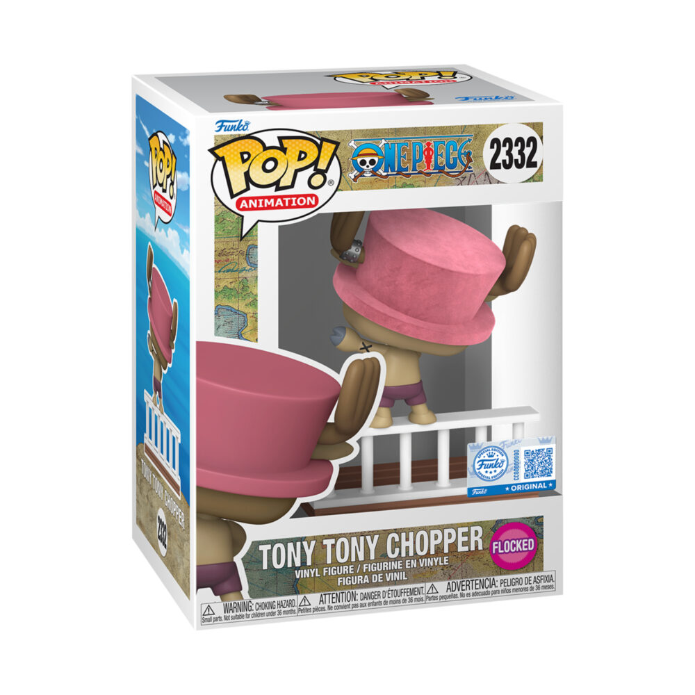 Chopper Going Merry One Piece Flocked Funko Pop #2332 shown in its window display box with the flocked sticker visible