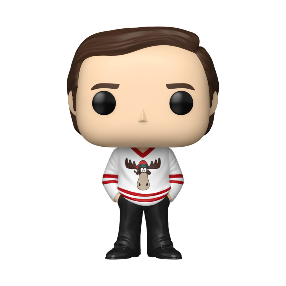 Clark Griswold Christmas Vacation Funko Pop #2056 shown unboxed in a white hockey jersey with a moose graphic