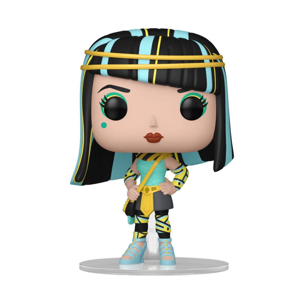 Cleo De Nile Monster High Funko Pop #117 unboxed on a clear stand, wearing a turquoise, black and gold outfit with matching hair details