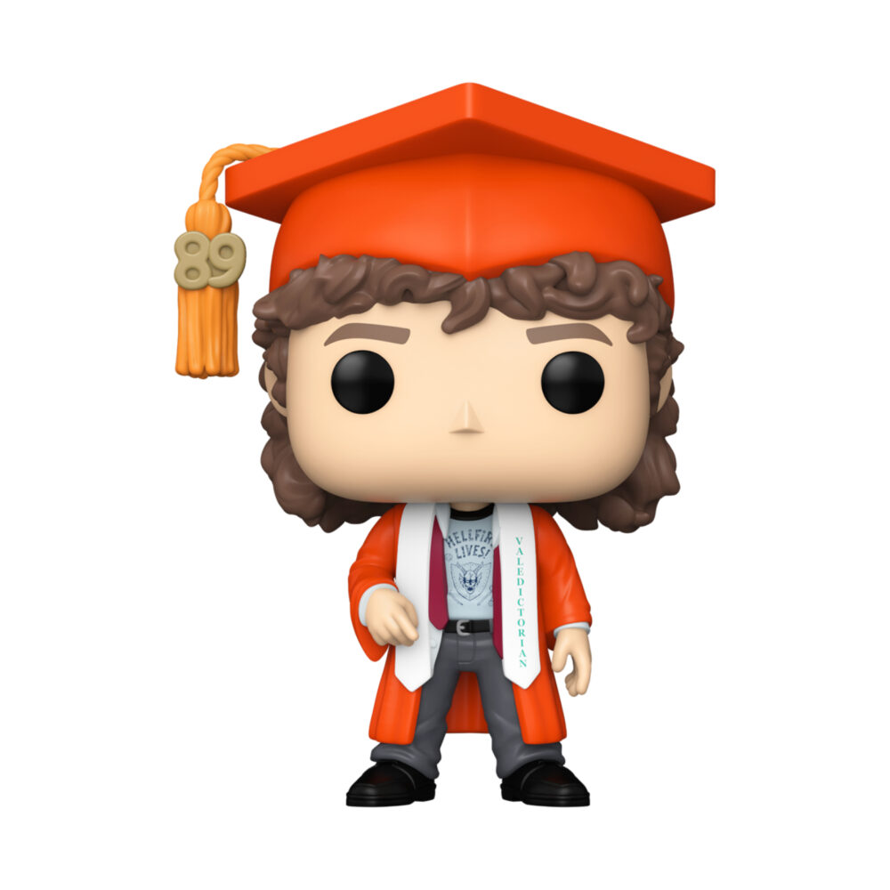 Unboxed Dustin Henderson Stranger Things Funko Pop #1887 wearing an orange graduation cap and gown with a Valedictorian stole