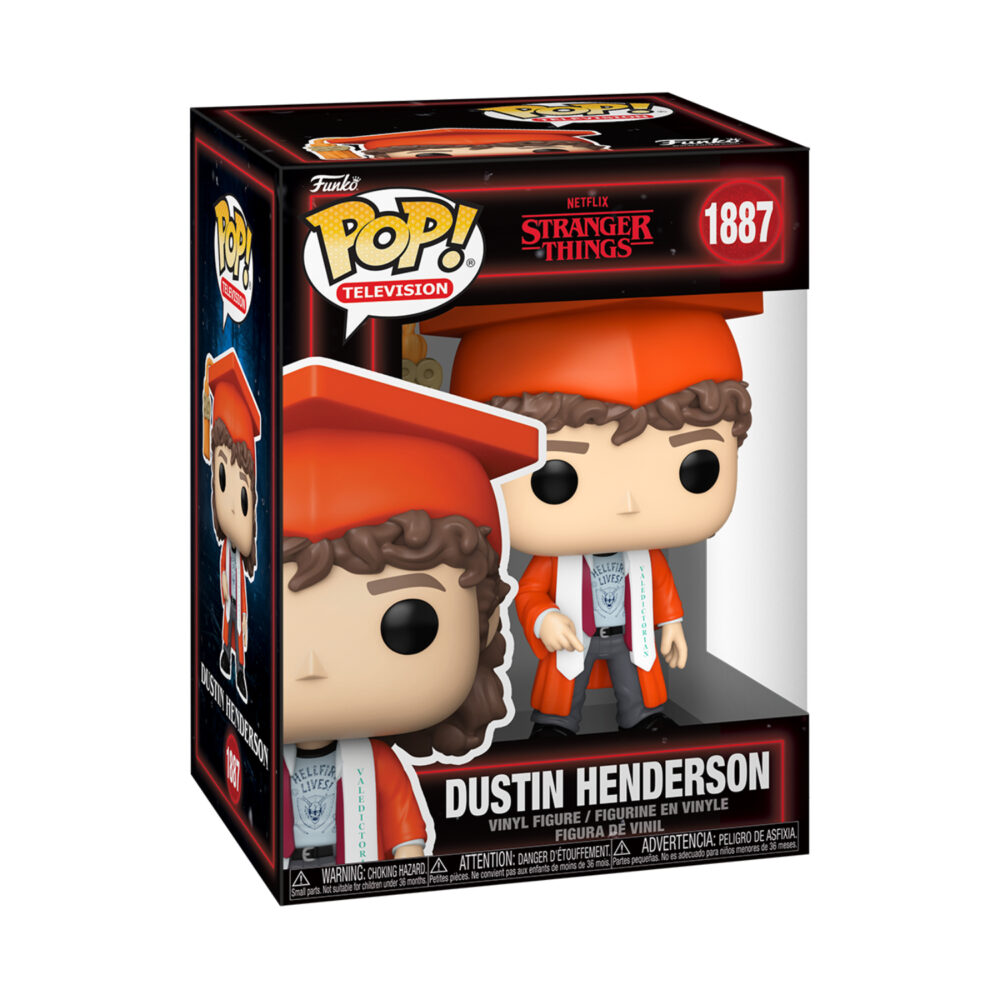 Dustin Henderson Stranger Things Funko Pop #1887 in his orange graduation outfit, displayed in its window box from a front-left angle