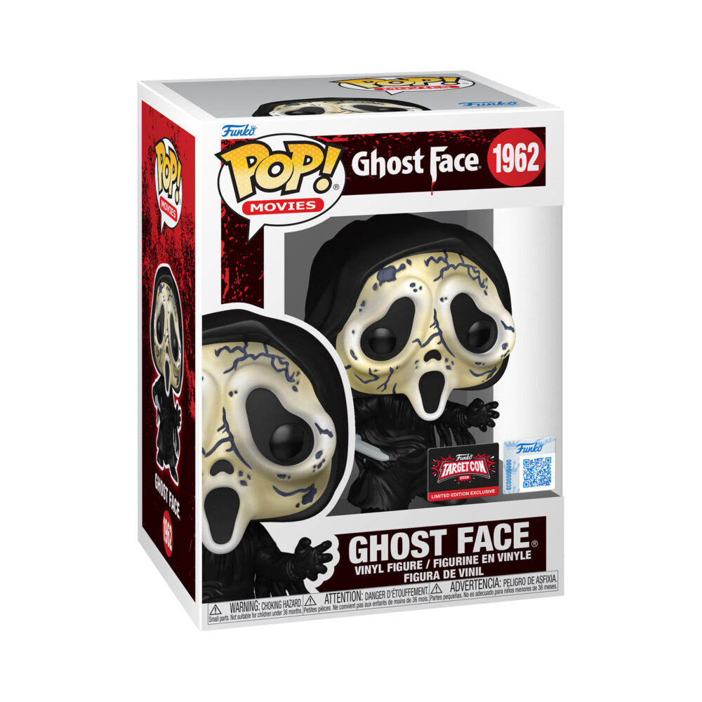 Ghost Face Distressed Mask Funko Pop #1962 in its window display box with a TargetCon 2026 Limited Edition Exclusive sticker