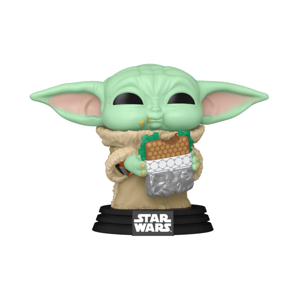 Unboxed Grogu Star Wars Funko Pop #841 holding food while wearing a beige robe on a black display base
