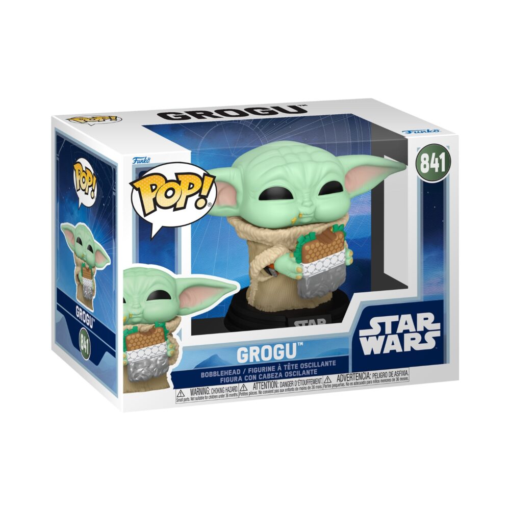 Grogu Star Wars Funko Pop #841 holding food inside its wide window display box, shown from a front-left angle
