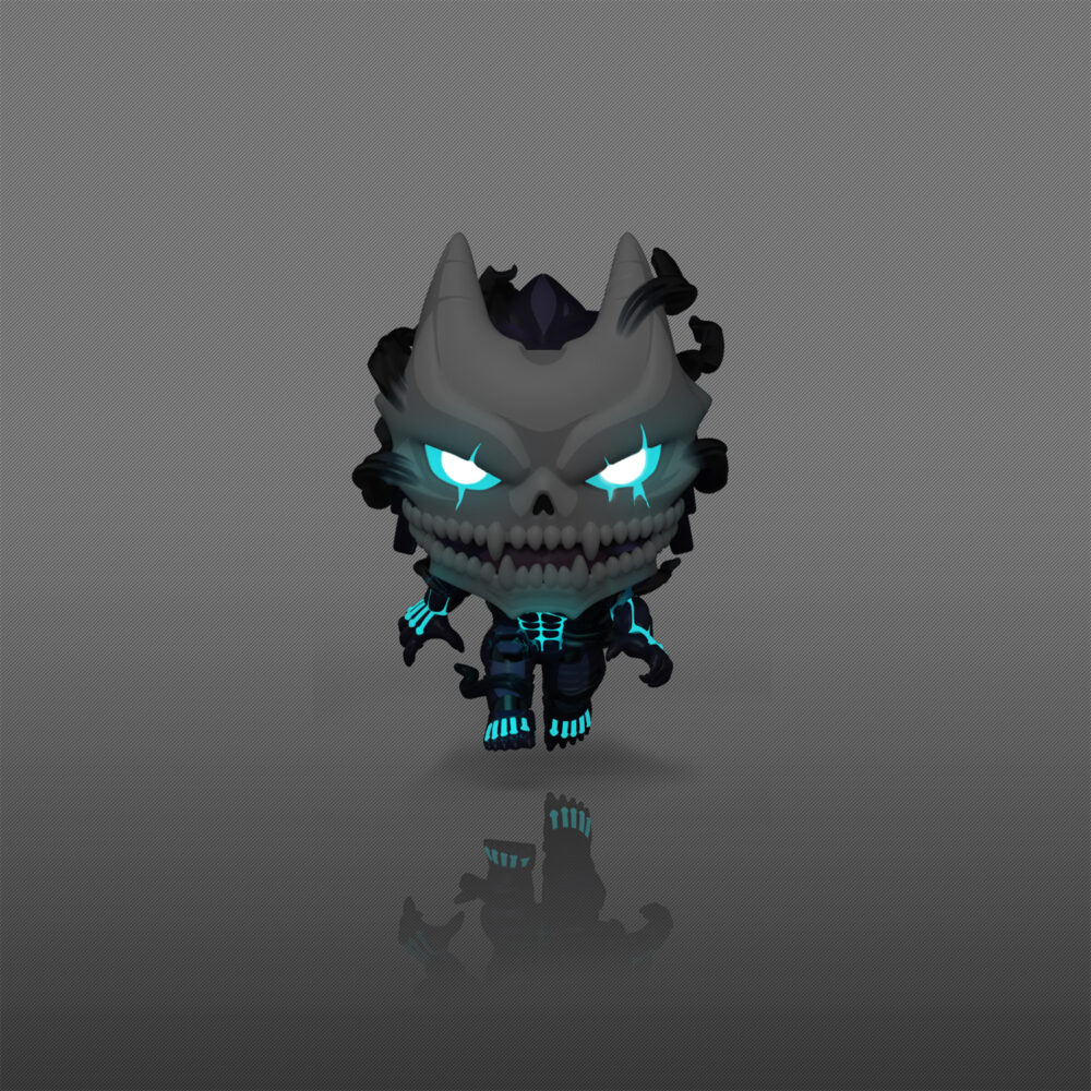 Kaiju No. 8 Uncontrollable Funko Pop #2326 glowing turquoise around the eyes, body markings and feet against a dark background