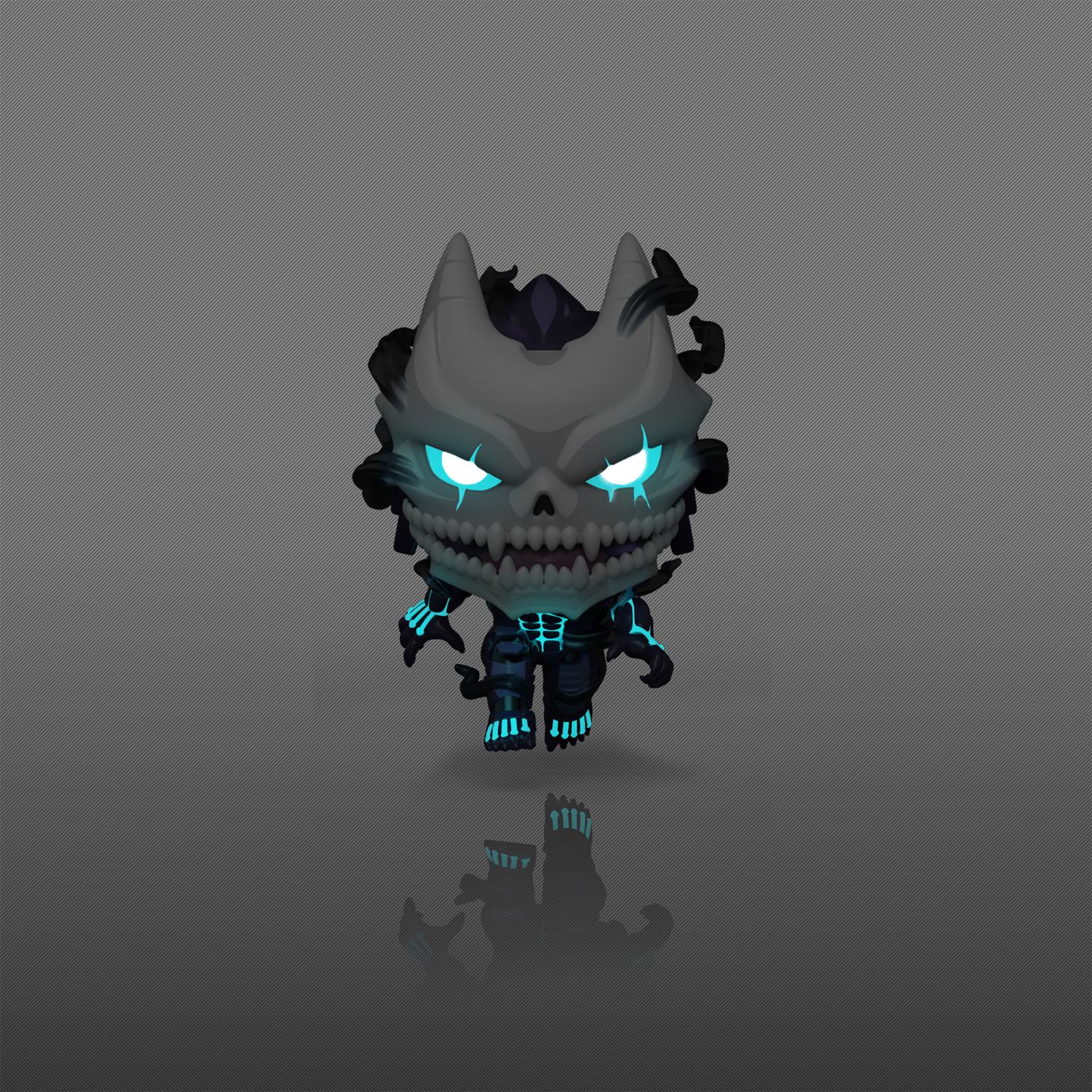 Kaiju No. 8 Uncontrollable Funko Pop #2326 glowing turquoise around the eyes, body markings and feet against a dark background