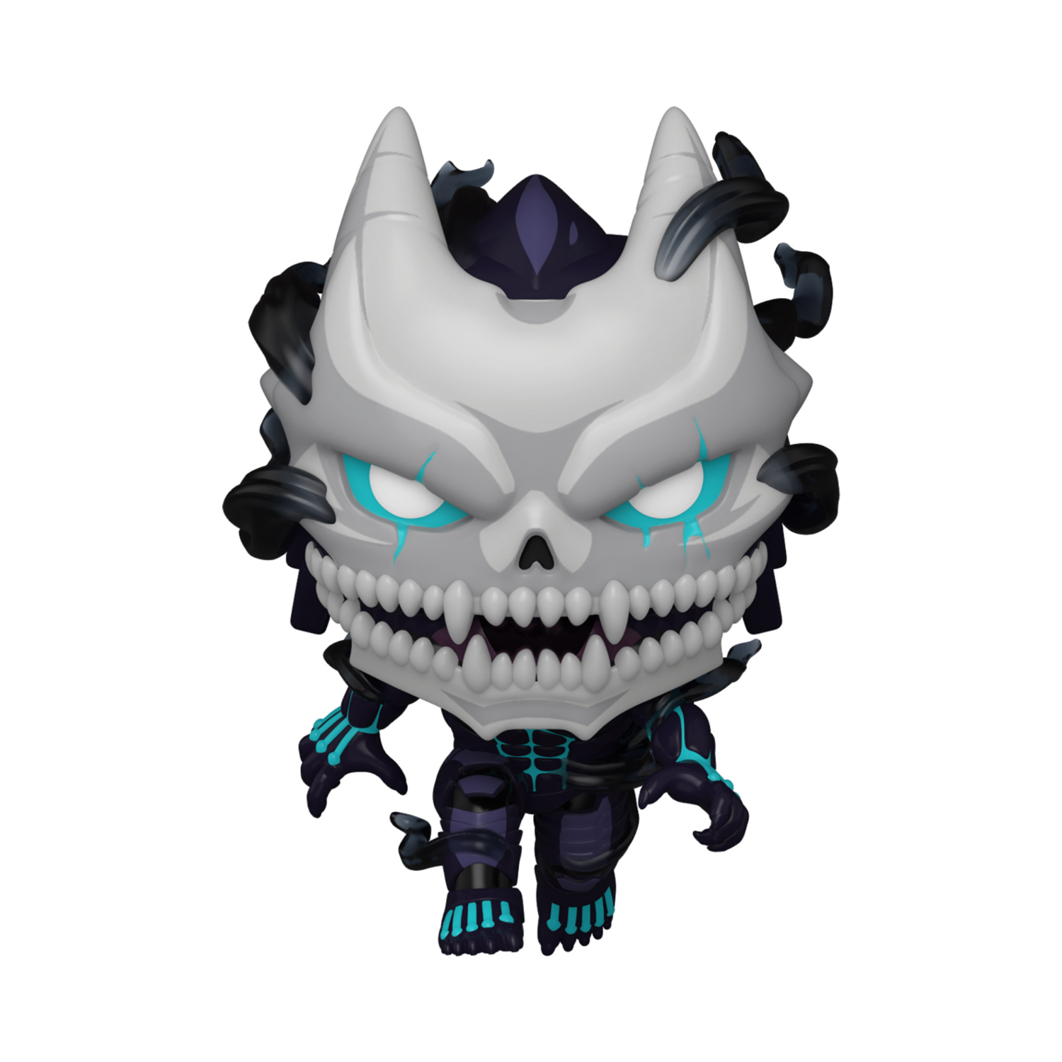 Unboxed Kaiju No. 8 Uncontrollable Funko Pop #2326 with a grey horned head, exposed teeth and turquoise body markings