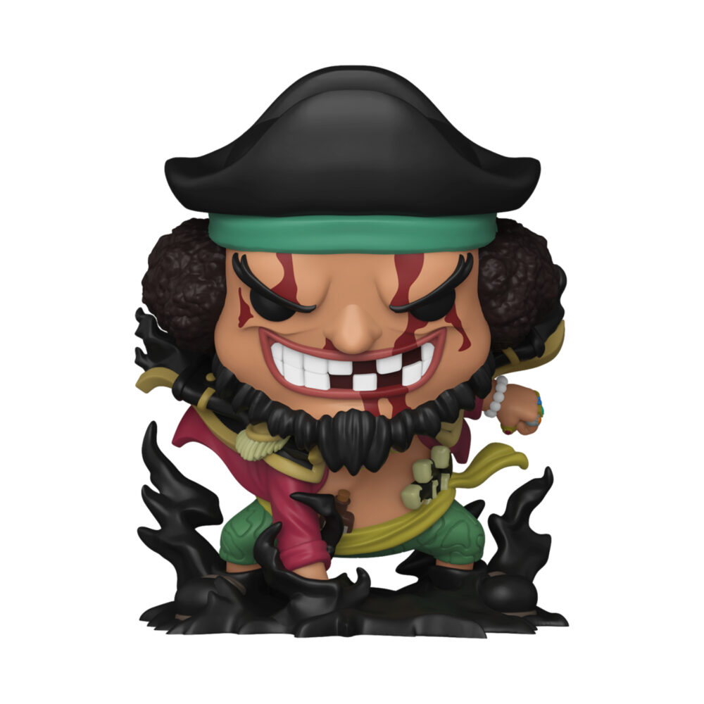 Marshall D. Teach Black Hole One Piece Funko Pop #2345 Special Edition unboxed, wearing a black hat and pirate outfit while surrounded by the dark Yami Yami no Mi effect