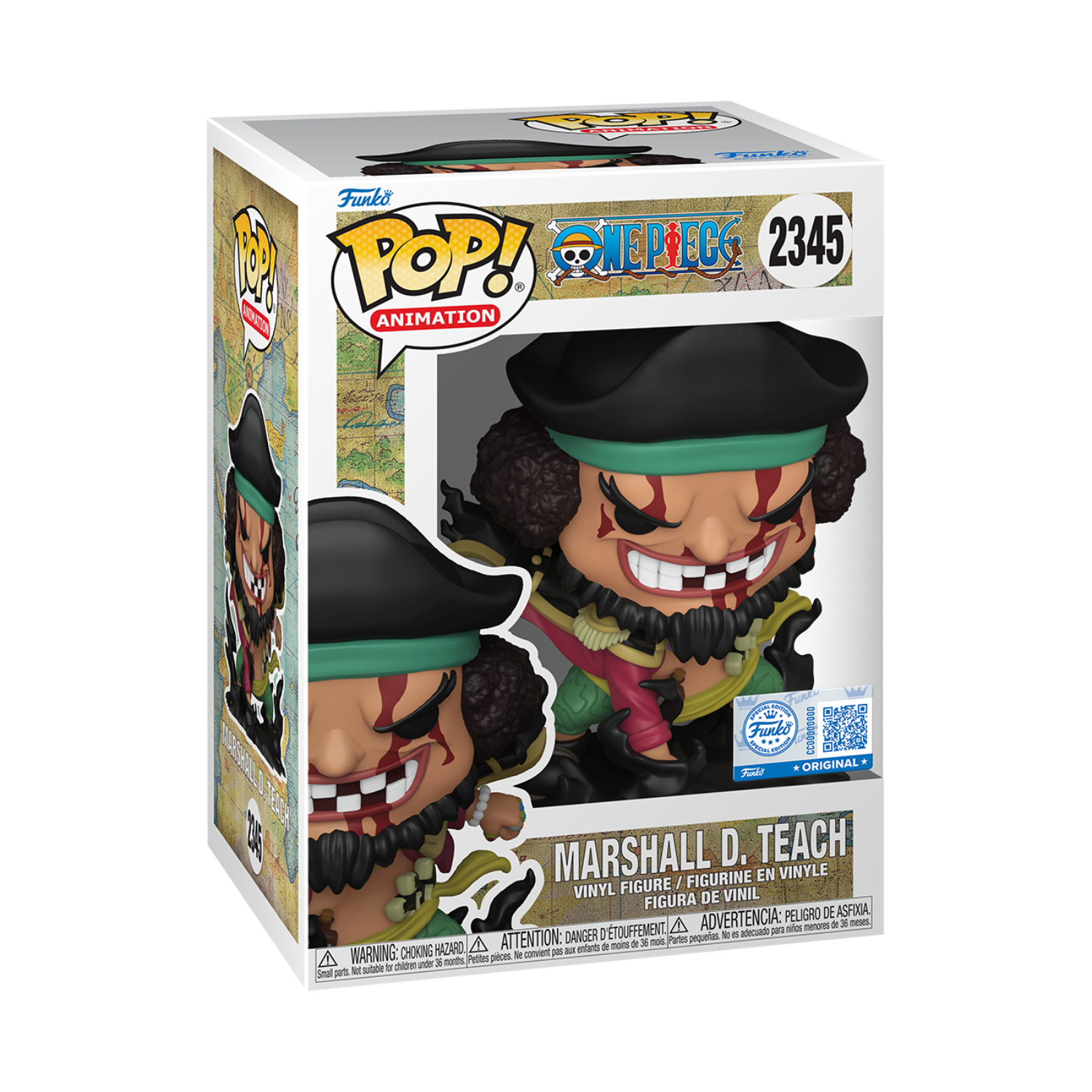 Marshall D. Teach Black Hole One Piece Funko Pop #2345 Special Edition in its window display box, with his black hat, pirate outfit and dark Yami Yami no Mi effect visible
