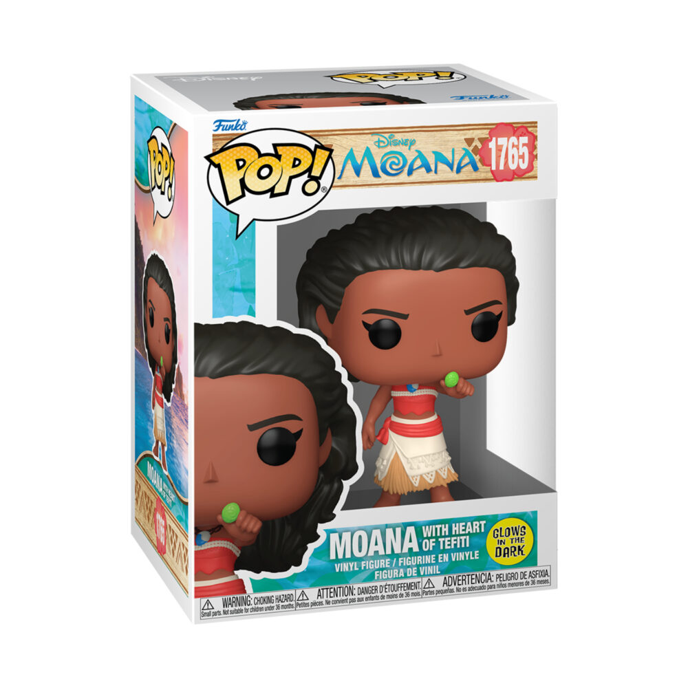 Moana with Heart of Te Fiti Disney Moana Funko Pop #1765 in its window display box with the glow-in-the-dark sticker and green Heart of Te Fiti visible
