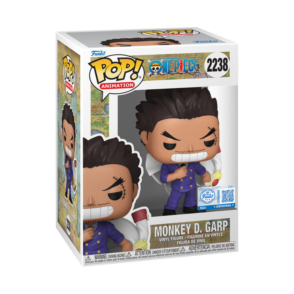 Monkey D. Garp One Piece Funko Pop #2238 displayed in its Special Edition window box, wearing a purple suit and white cape