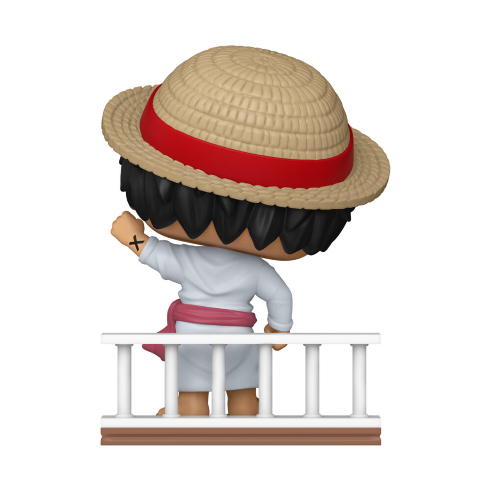 Monkey D. Luffy Going Merry One Piece Funko Pop #2334 Special Edition unboxed from the rear, wearing his straw hat and white outfit with one arm raised behind the Going Merry railing