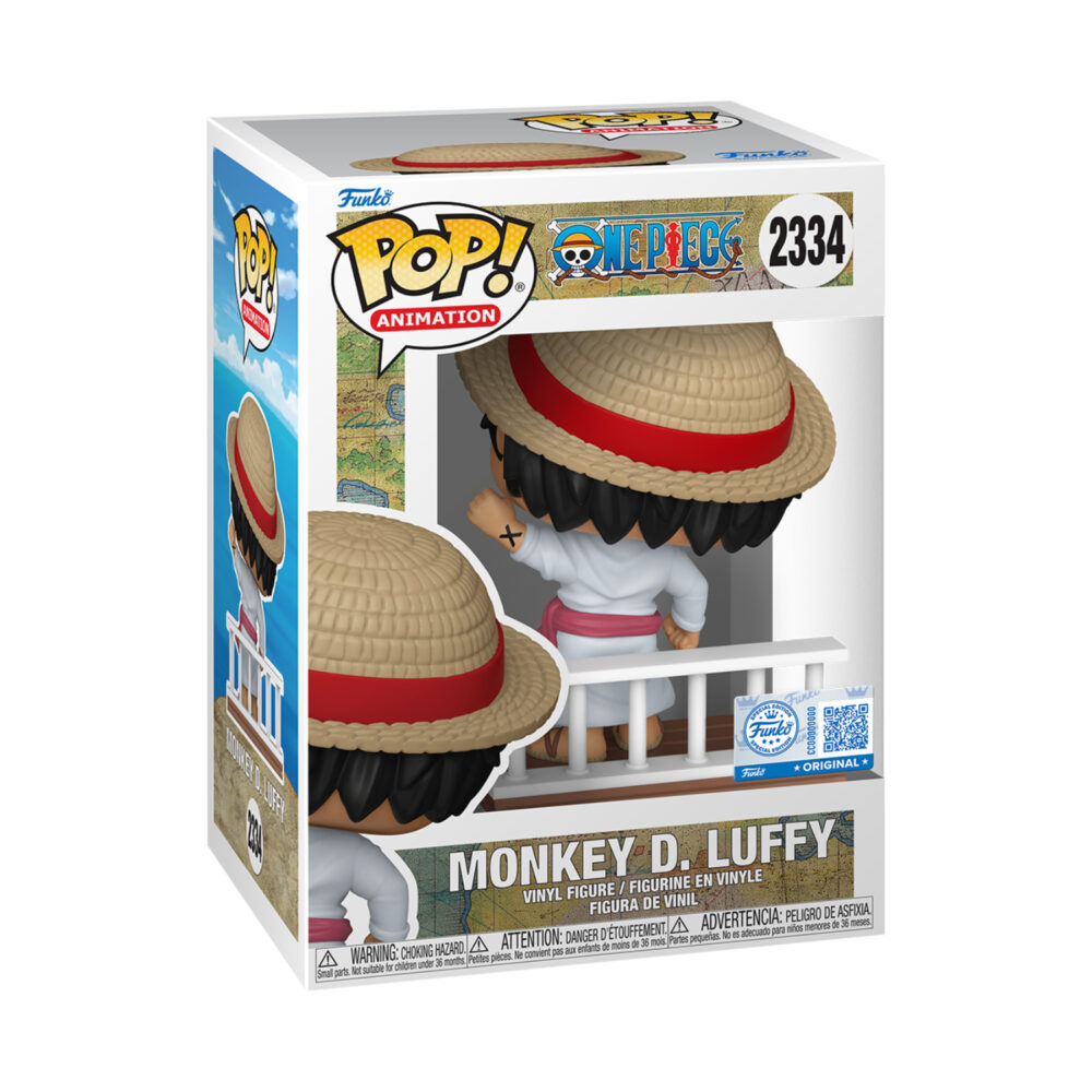 Monkey D. Luffy Going Merry One Piece Funko Pop #2334 Special Edition in its window display box, shown from the rear with his straw hat, raised arm and ship railing visible