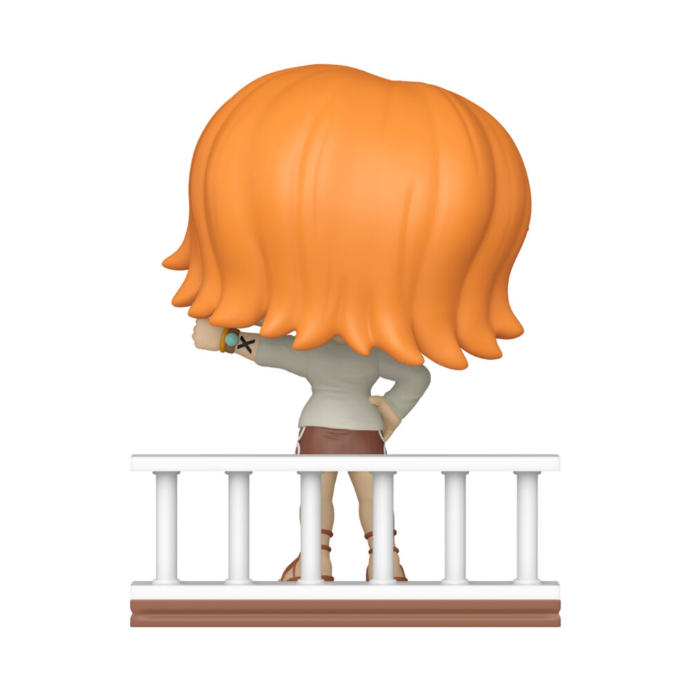 Nami Going Merry One Piece Funko Pop #2335 shown from the rear with one arm raised while standing behind the ship railing