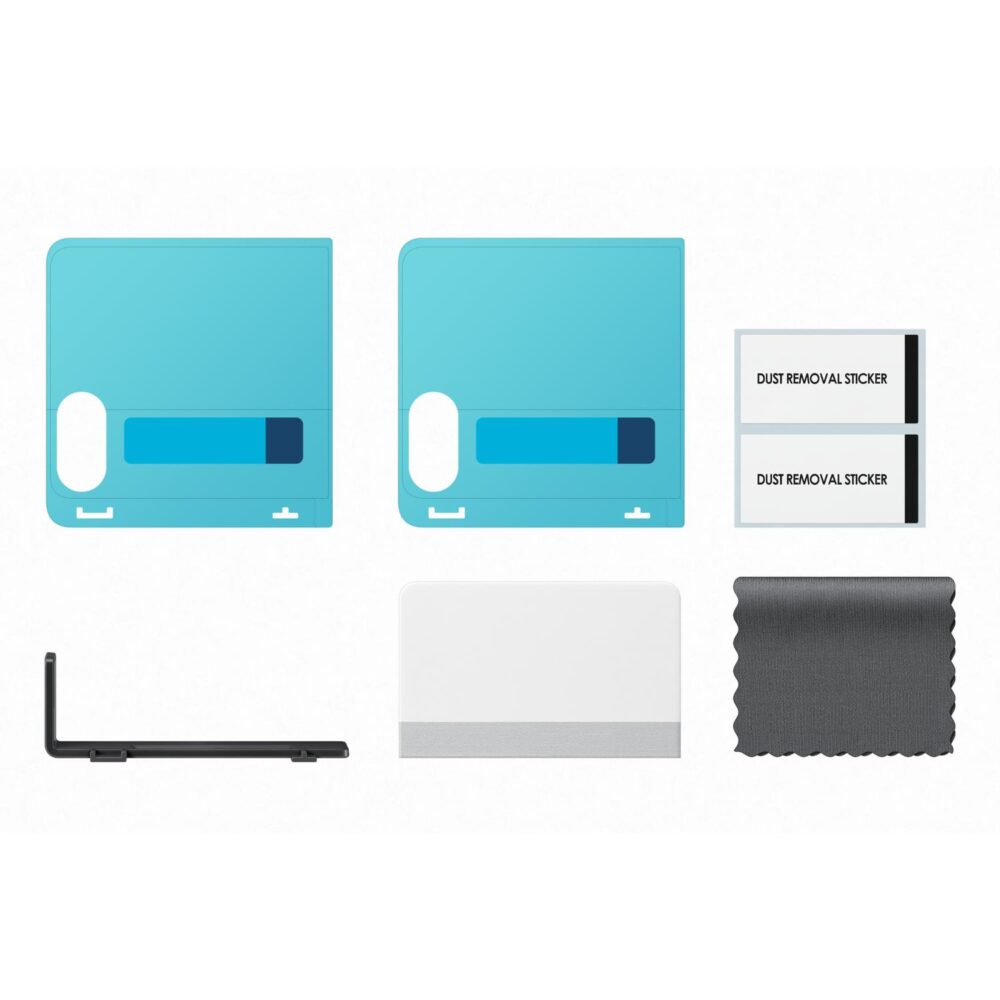 Official Samsung Galaxy Z Flip8 Anti-Reflective Film kit contents showing two film applicators, dust-removal stickers, a cloth and installation tools.
