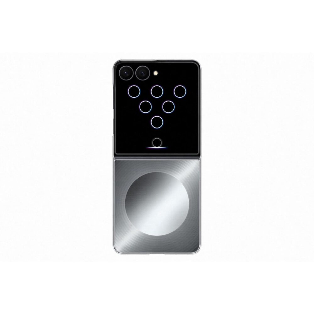 Closed Samsung Galaxy Z Flip8 fitted with the grey Flipsuit Case, showing an illuminated FlexWindow pattern and Flipsuit Card design
