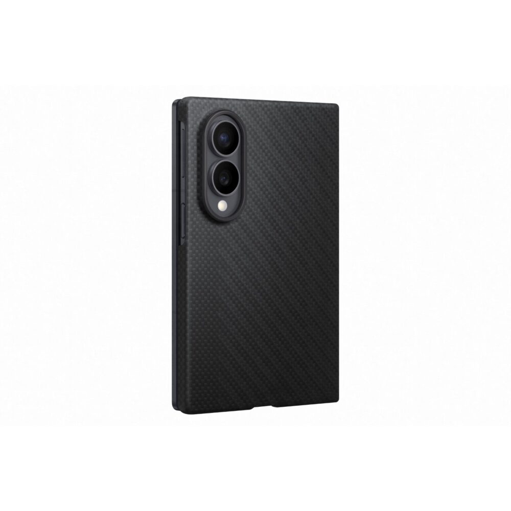 Angled rear view of the black Samsung Galaxy Z Fold8 Carbon Magnet Case showing its slim profile and textured finish