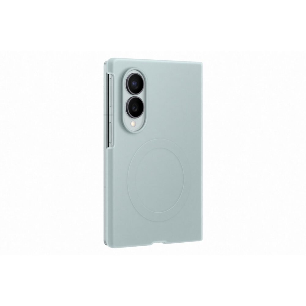 Green Official Samsung Galaxy Z Fold8 Silicone Magnet Case shown from an angled rear view with the side button openings and magnetic ring visible.
