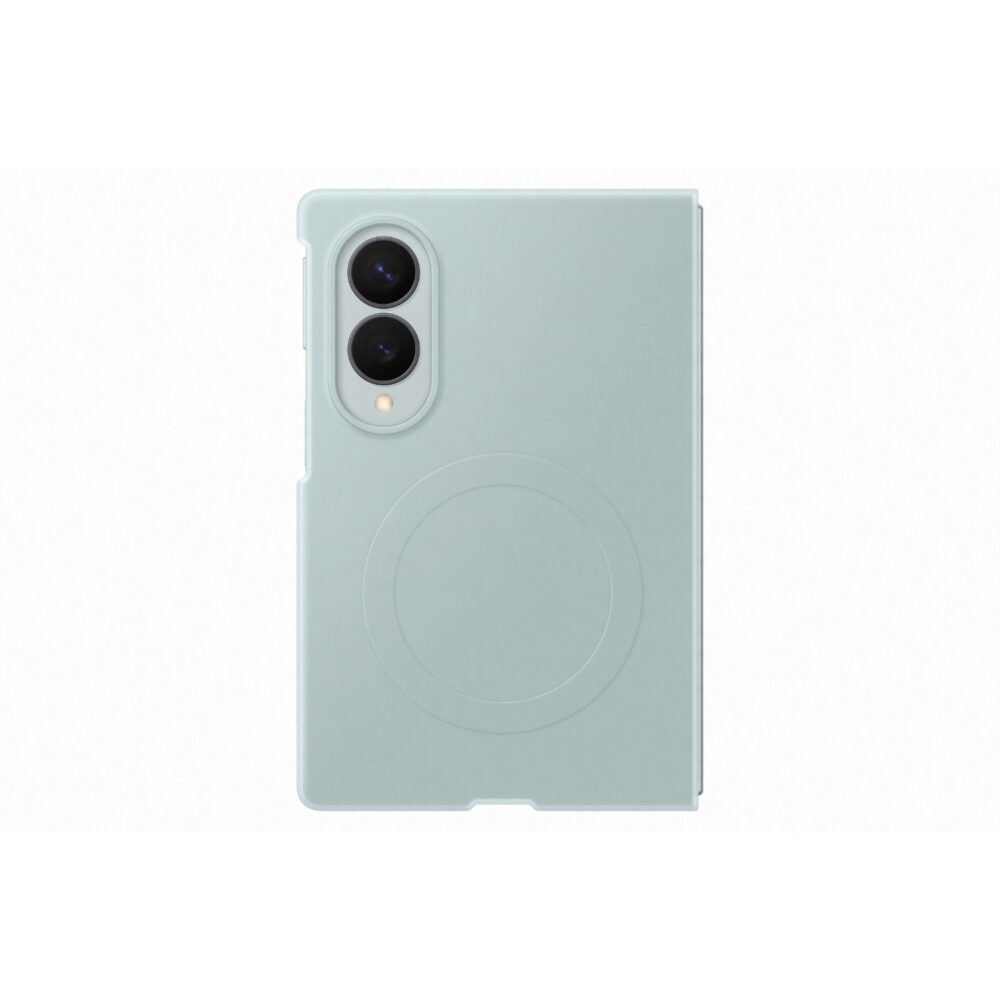 Green Official Samsung Galaxy Z Fold8 Silicone Magnet Case shown from the rear with the camera opening and magnetic ring visible.