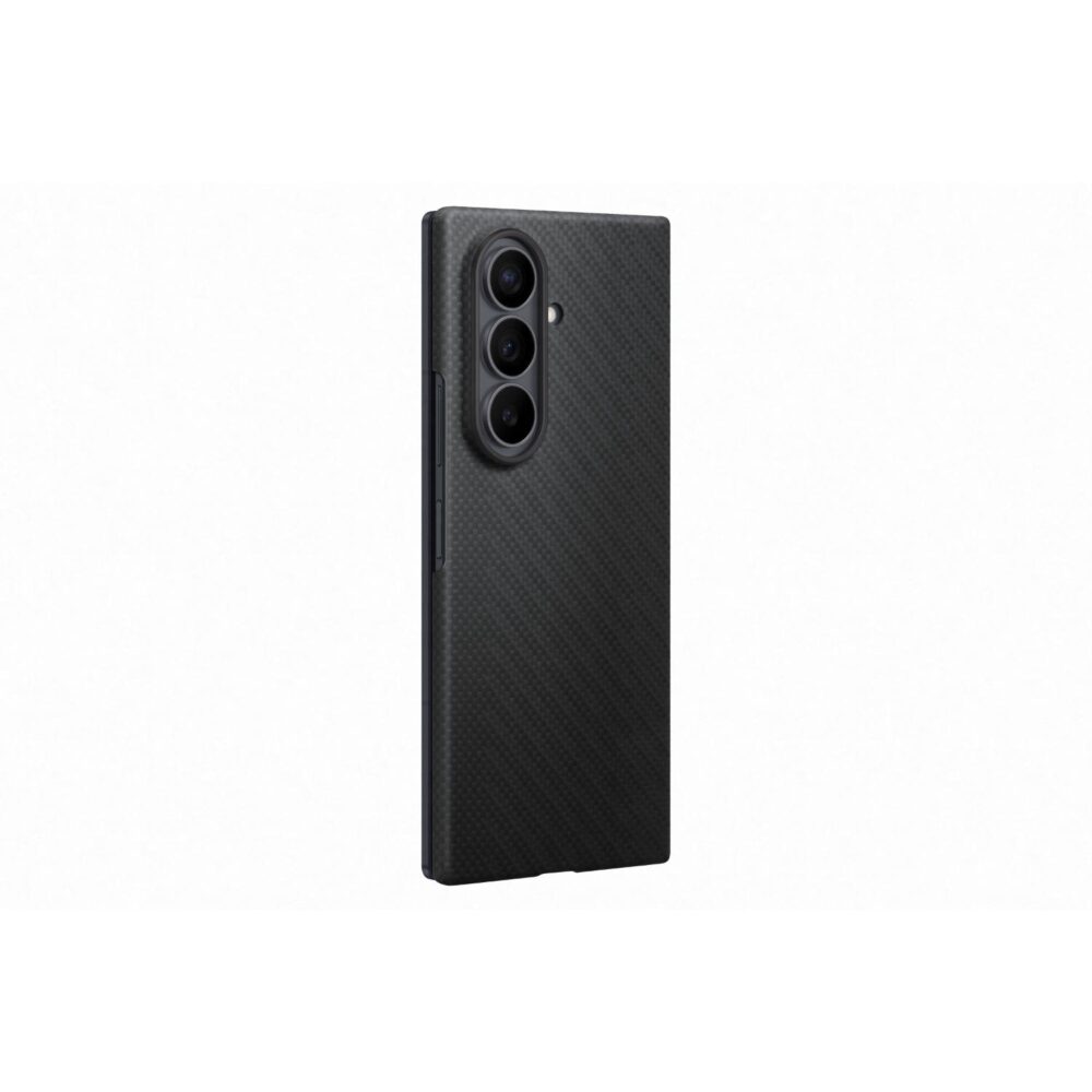 Angled rear view of the black Samsung Galaxy Z Fold8 Ultra Carbon Magnet Case showing its slim profile and textured aramid fibre finish