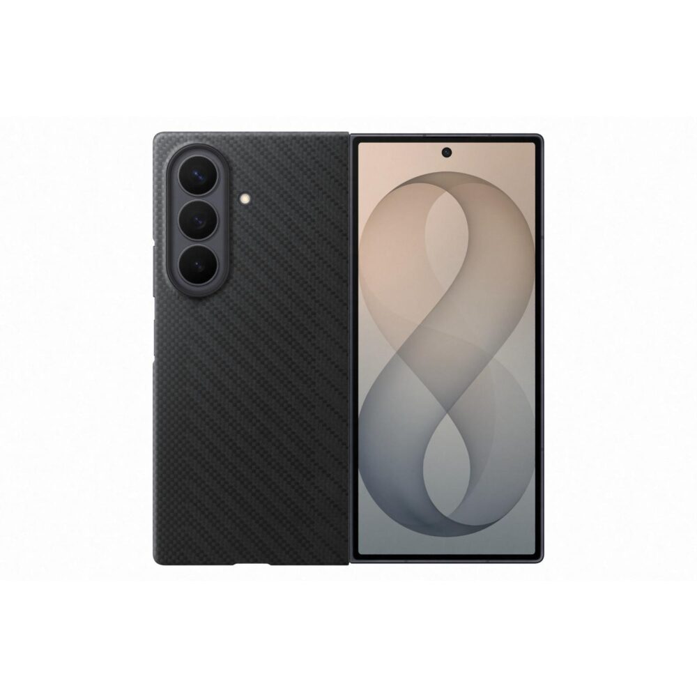 Open Samsung Galaxy Z Fold8 Ultra shown beside the black Carbon Magnet Case with its carbon-inspired aramid fibre finish