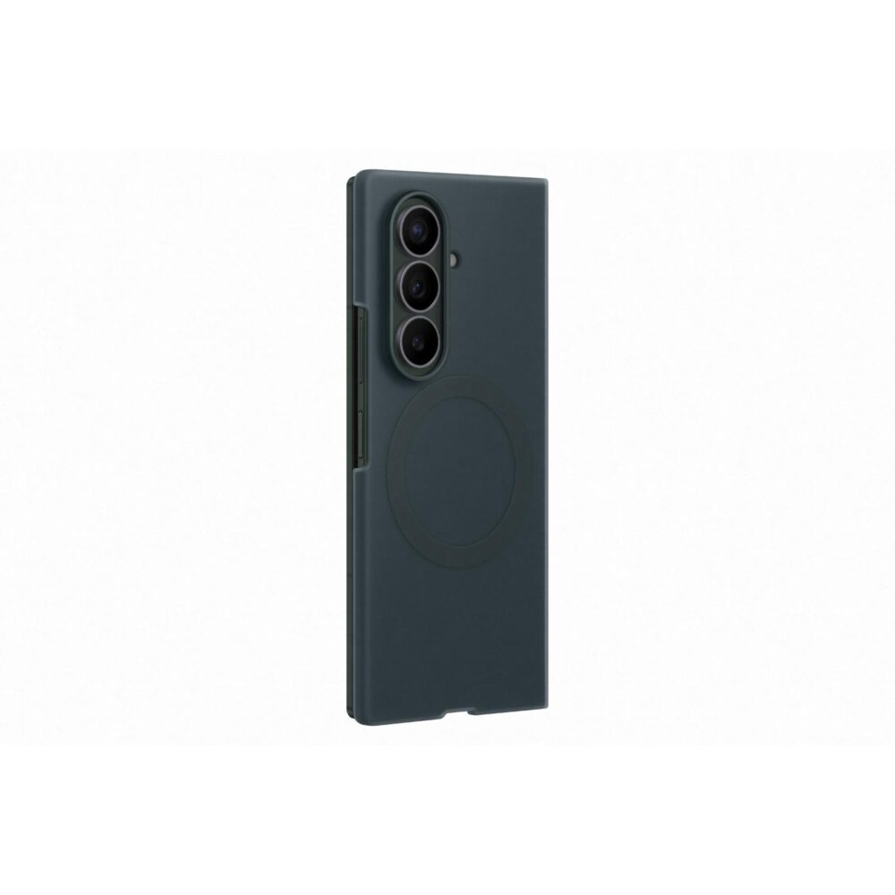 Green Samsung Galaxy Z Fold8 Ultra Silicone Magnet Case shown from a rear angle with the camera surround and circular magnetic area visible