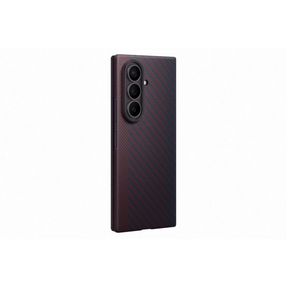 Angled rear view of the violet Samsung Galaxy Z Fold8 Ultra Carbon Magnet Case showing its slim profile and textured aramid fibre finish