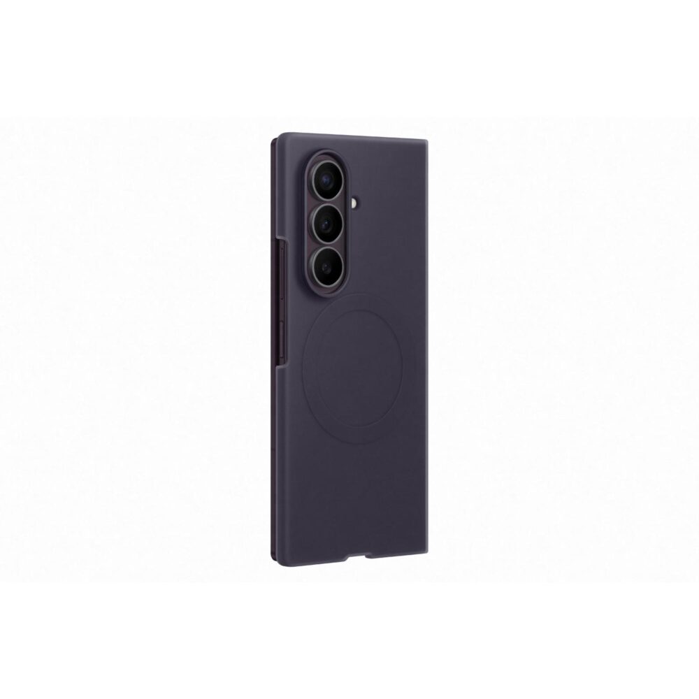 Violet Samsung Galaxy Z Fold8 Ultra Silicone Magnet Case shown from a rear angle with the camera surround and circular magnetic area visible