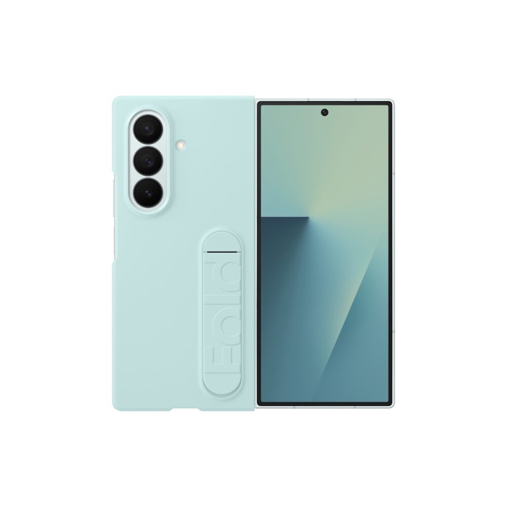 Original Samsung Galaxy Z Fold7 Silicone Case with Stand in mint shown fitted to the folded phone from the front and rear