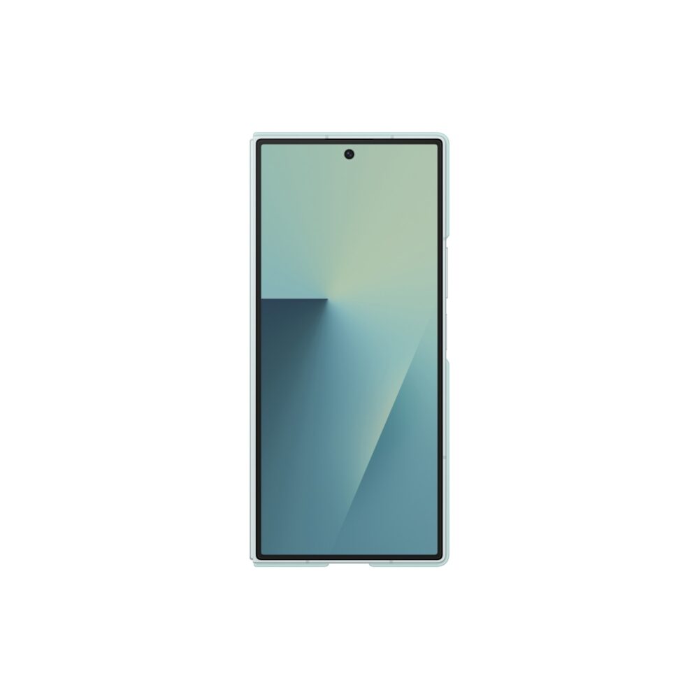 Front view of a folded Samsung Galaxy Z Fold7 fitted with the mint Original Samsung Silicone Case with the screen and case edges visible