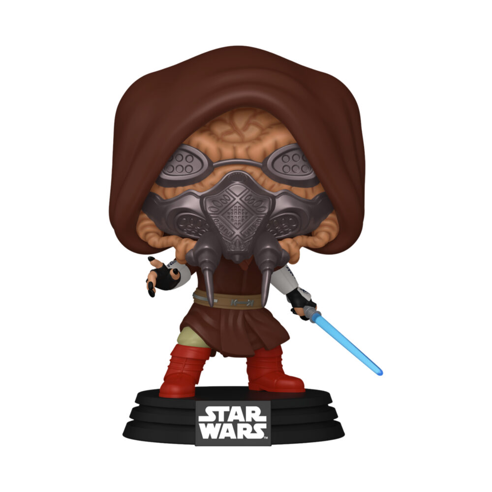 Plo Koon Star Wars Funko Pop Bobblehead #852 unboxed on a black Star Wars stand, wearing a brown hood and breathing mask while holding a blue lightsaber