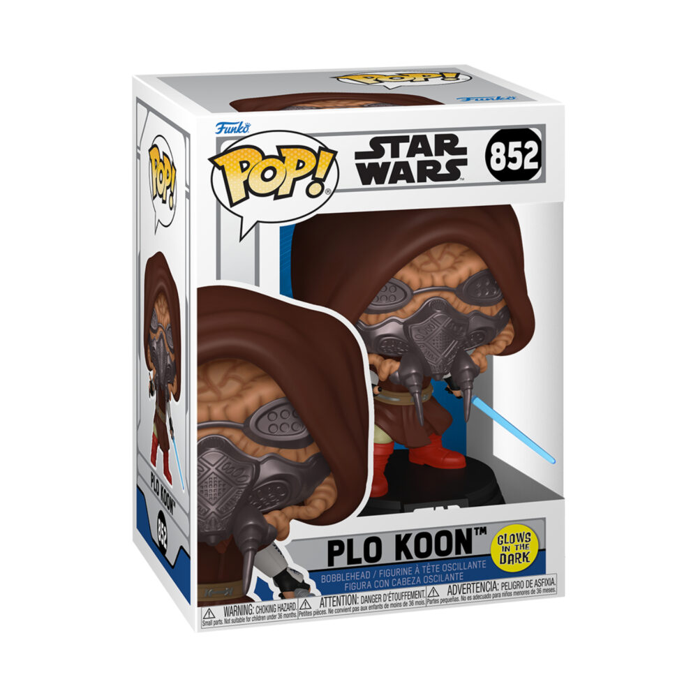 Plo Koon Star Wars Funko Pop Bobblehead #852 in its window display box with the glow-in-the-dark sticker, brown hood and blue lightsaber visible
