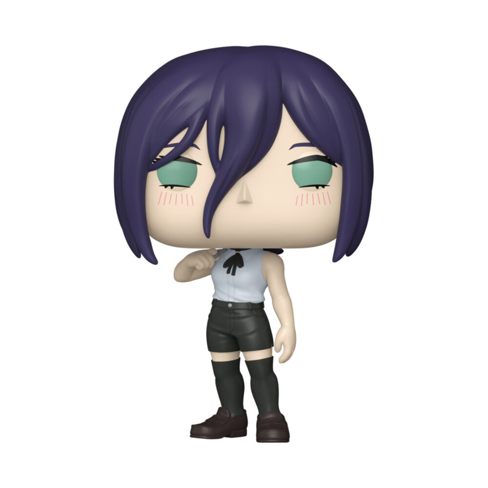 Unboxed Reze Chainsaw Man Funko Pop #2348 with purple hair, a sleeveless white top, black shorts and knee-high socks