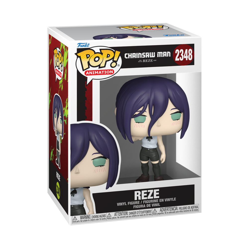 Standard Reze Chainsaw Man Funko Pop #2348 wearing a white top and black shorts inside its window display box