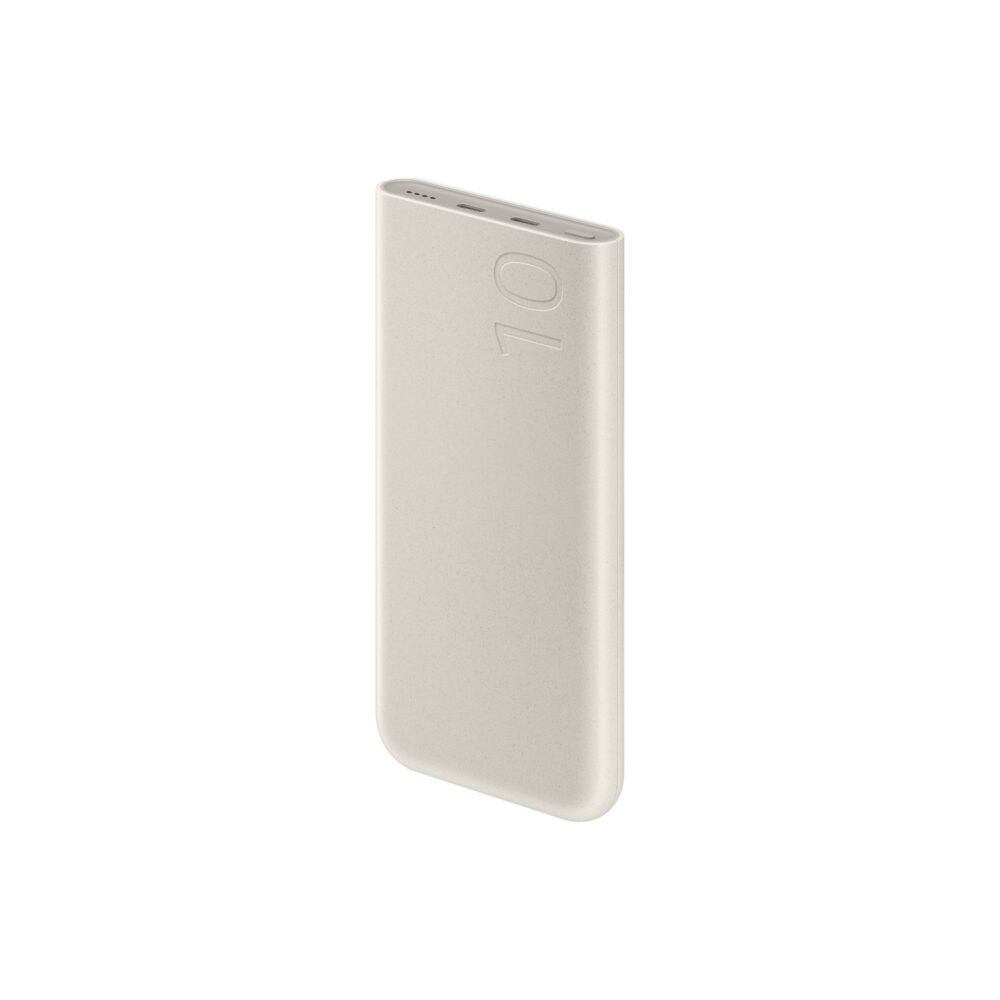 Beige Samsung 10000mAh 25W power bank shown from a front angle with its upper connection panel visible
