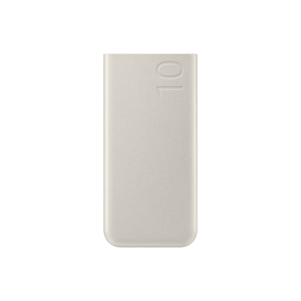 Front view of the beige Samsung 10000mAh 25W power bank with the embossed 10 design visible
