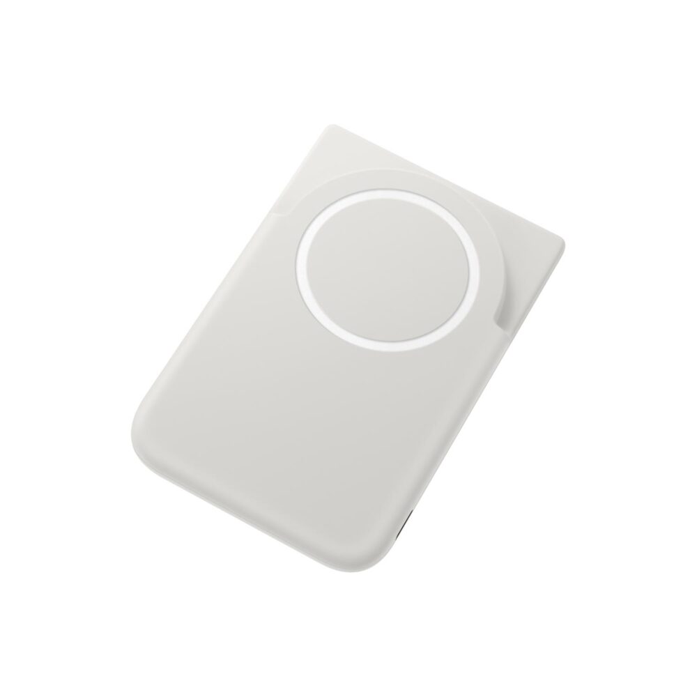 Angled view of the grey Samsung Qi2 magnetic power bank showing the raised circular wireless charging area