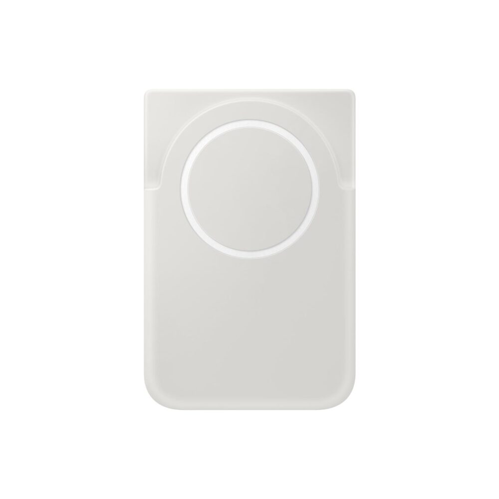 Front view of the grey Samsung 5000mAh Qi2 power bank showing its circular magnetic wireless charging surface