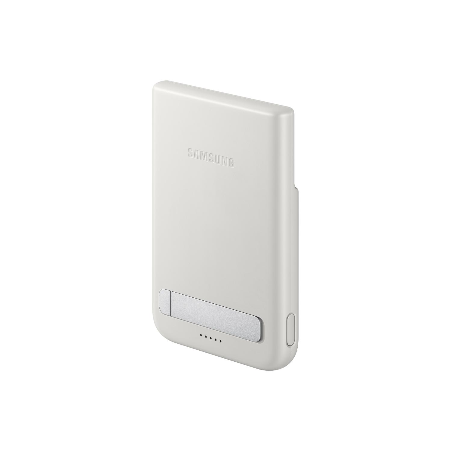 Rear angled view of the grey Samsung magnetic power bank showing its foldable kickstand, battery indicators and side button
