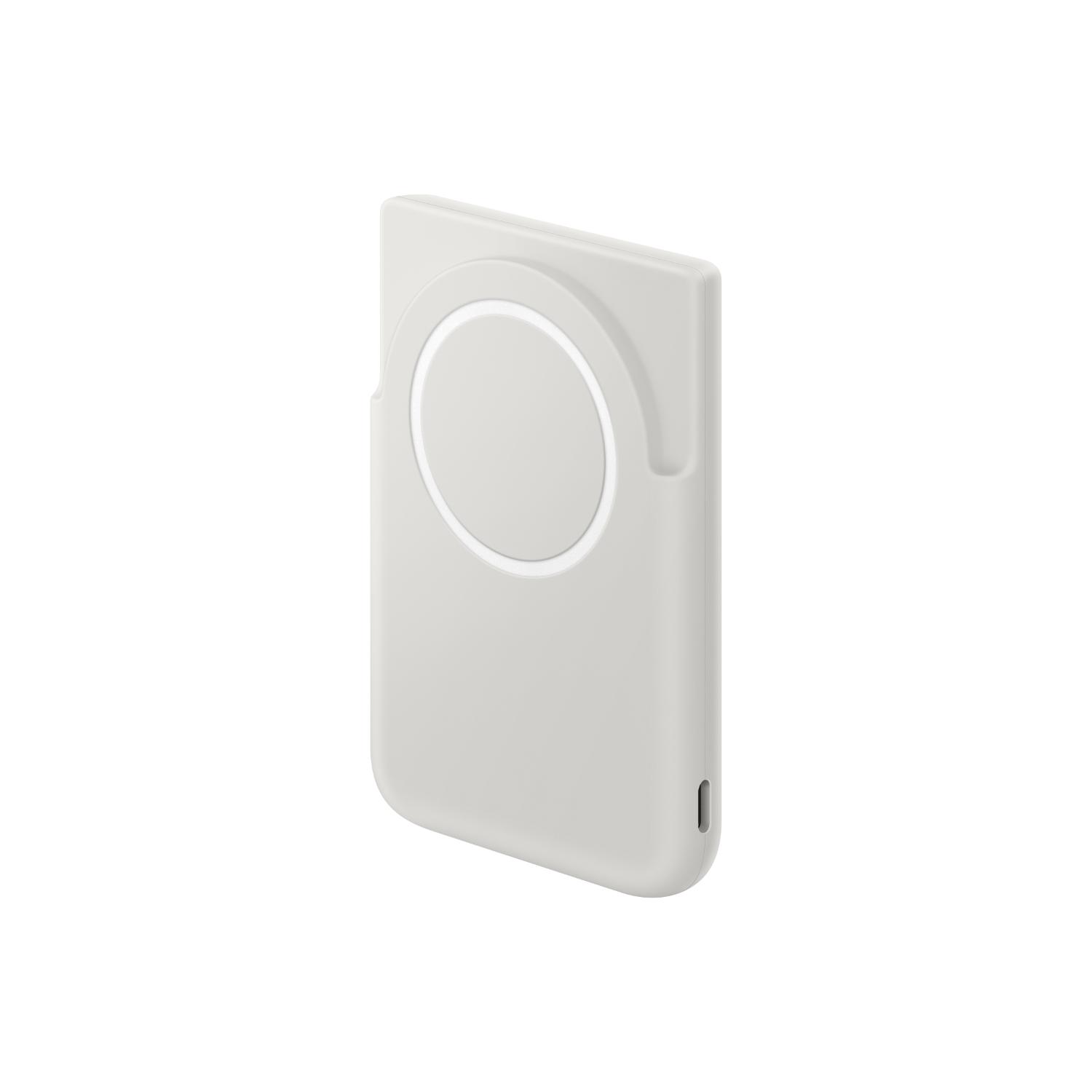 Angled view of the grey Samsung Qi2 magnetic power bank showing the charging surface and USB-C port