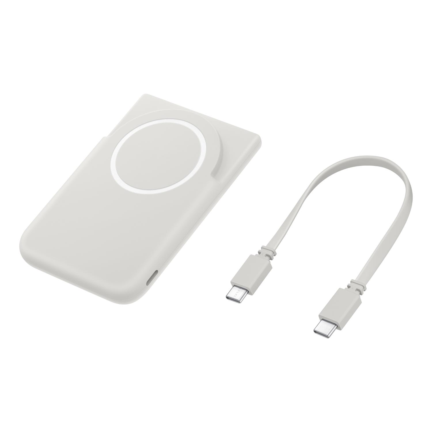 Grey Samsung 5000mAh Qi2 magnetic power bank shown beside the included USB-C to USB-C cable